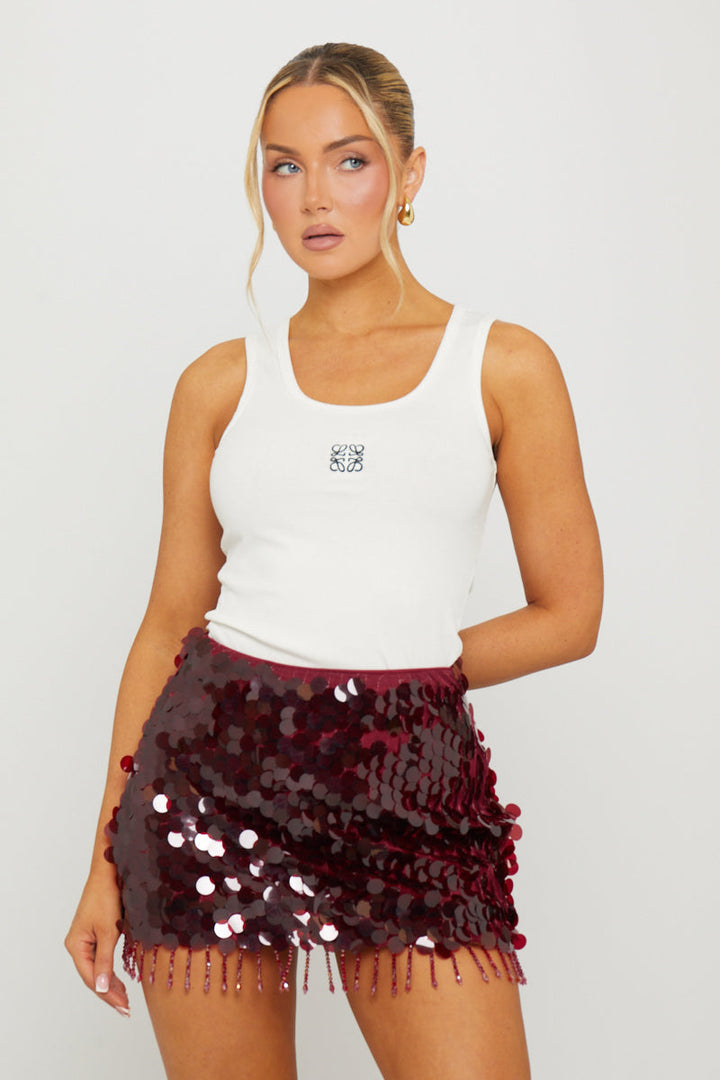 Valantomode | Wine Sequin Tassel Bodycon Mini Skirt for Chic Nights