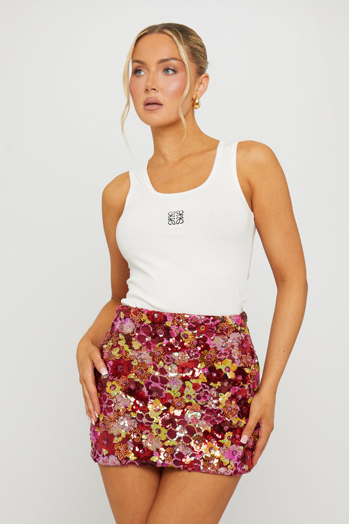 Valantomode | Red Sequin Floral Bodycon Mini Skirt for Chic Style