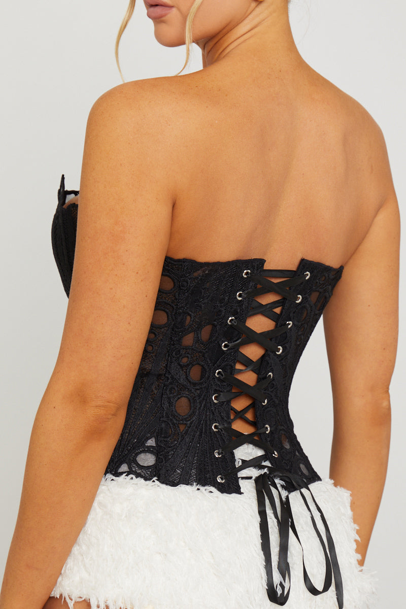 Valantomode | Elegant Black Strapless Sheer Corset Top for Chic Style