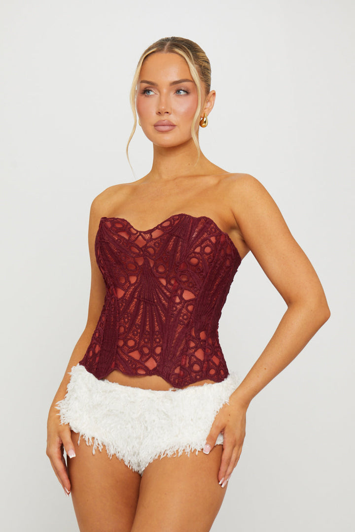 Valantomode | Elegant Strapless Wine Corset Top for Chic Style