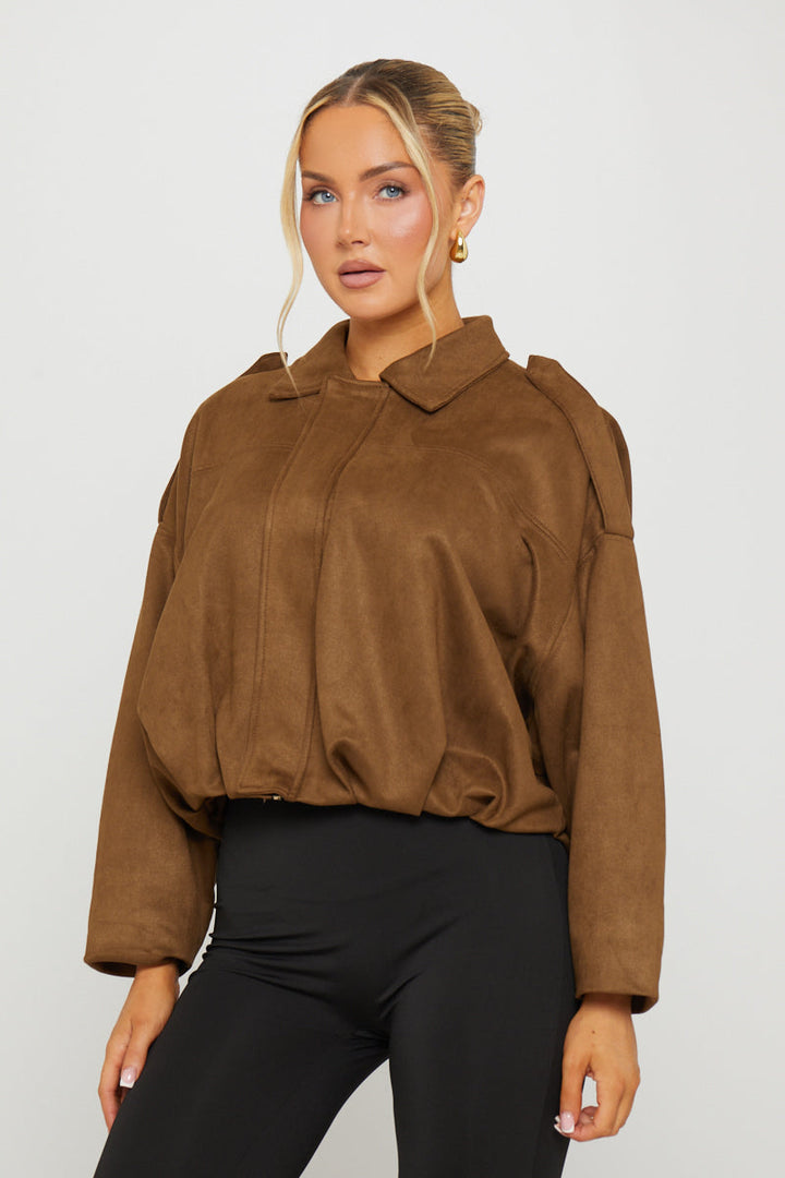 Valantomode | Chic Dark Brown Suede Oversized Bomber Jacket
