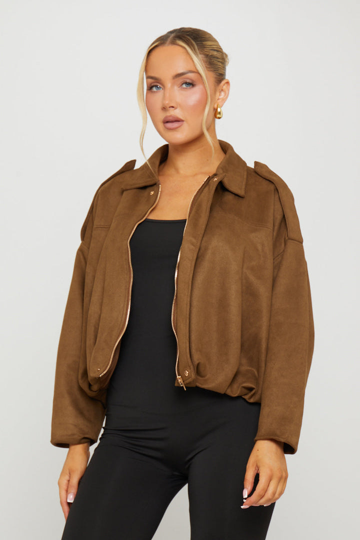 Valantomode | Chic Dark Brown Suede Oversized Bomber Jacket