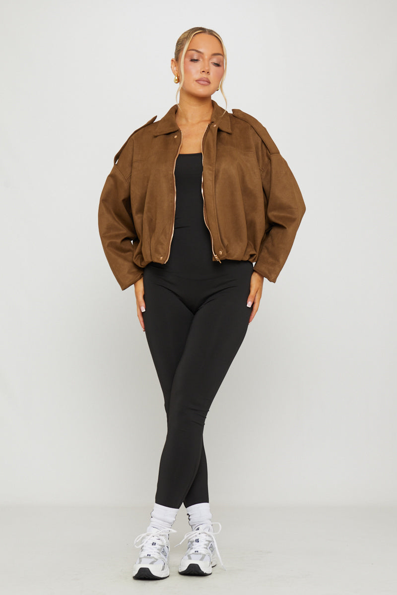 Valantomode | Chic Dark Brown Suede Oversized Bomber Jacket