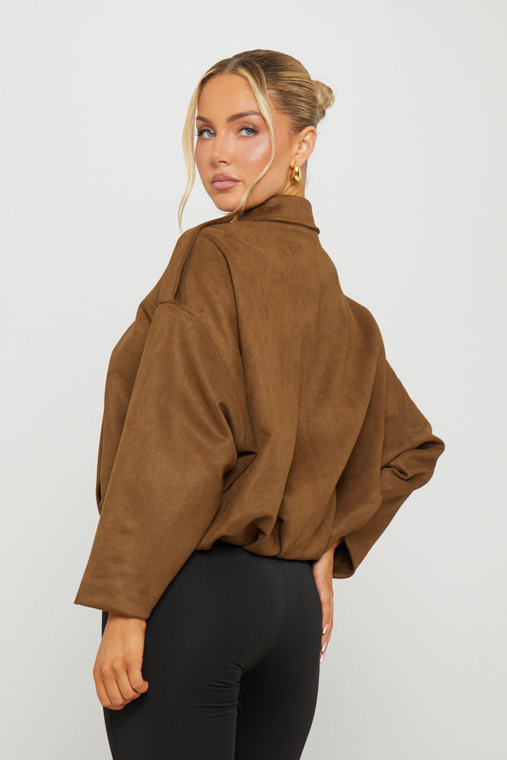 Valantomode | Chic Dark Brown Suede Oversized Bomber Jacket