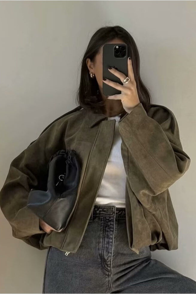 Valantomode | Chic Khaki Suede Oversized Bomber Jacket for Trendsetters