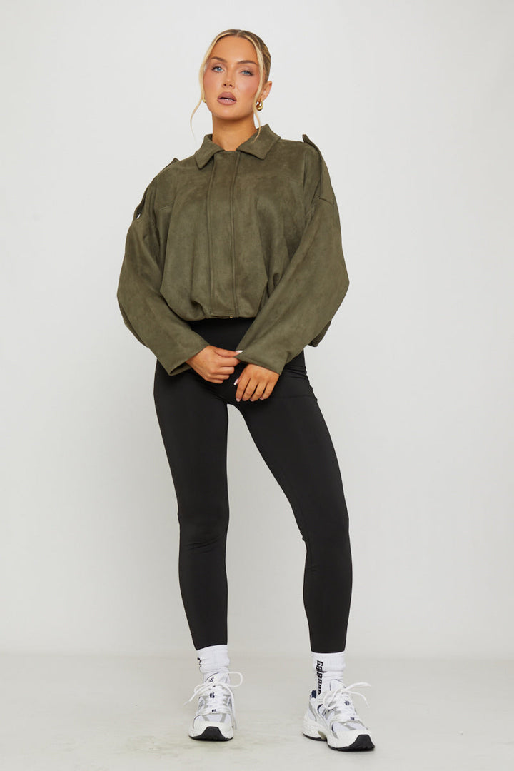 Valantomode | Chic Khaki Suede Oversized Bomber Jacket for Trendsetters