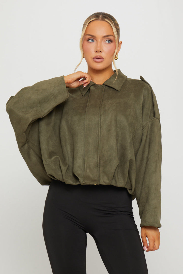 Valantomode | Chic Khaki Suede Oversized Bomber Jacket for Trendsetters