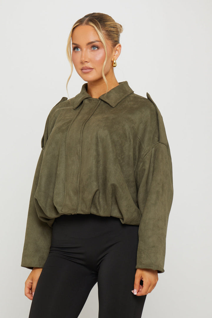 Valantomode | Chic Khaki Suede Oversized Bomber Jacket for Trendsetters