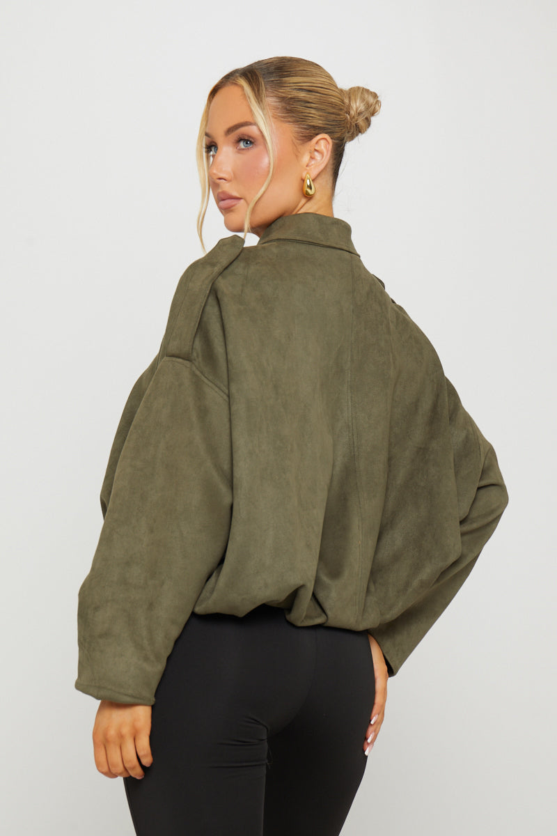 Valantomode | Chic Khaki Suede Oversized Bomber Jacket for Trendsetters