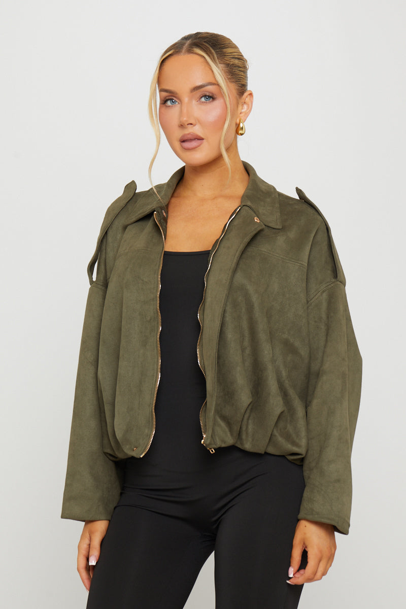 Valantomode | Chic Khaki Suede Oversized Bomber Jacket for Trendsetters