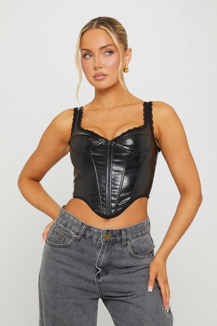Valantomode | Chic Black Faux Leather Dipped Corset Bustier Top