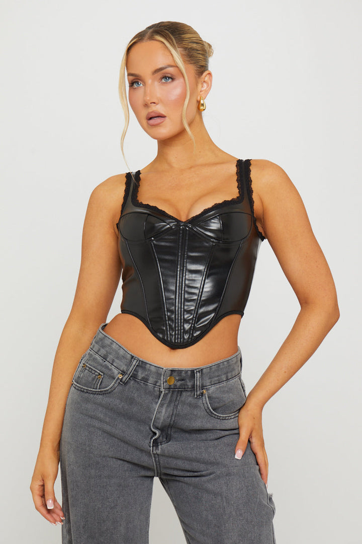 Valantomode | Chic Black Faux Leather Dipped Corset Bustier Top