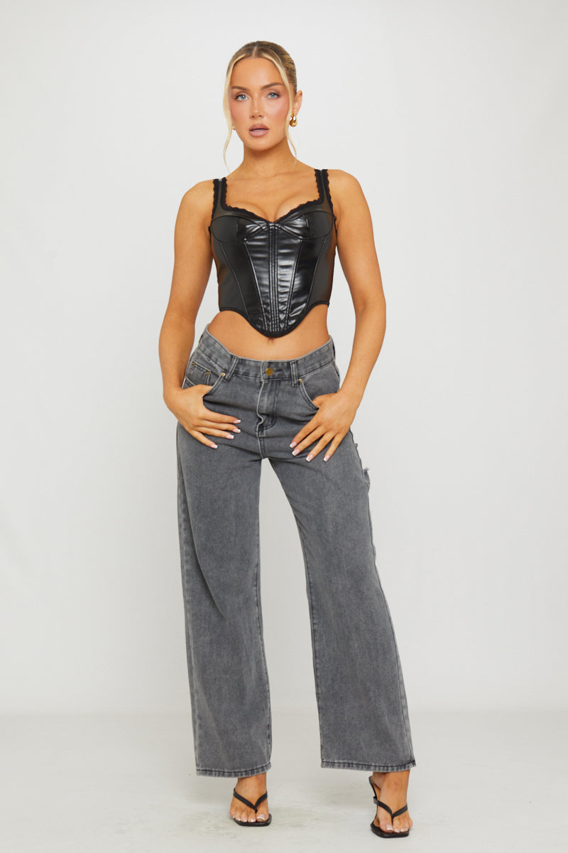 Valantomode | Chic Black Faux Leather Dipped Corset Bustier Top