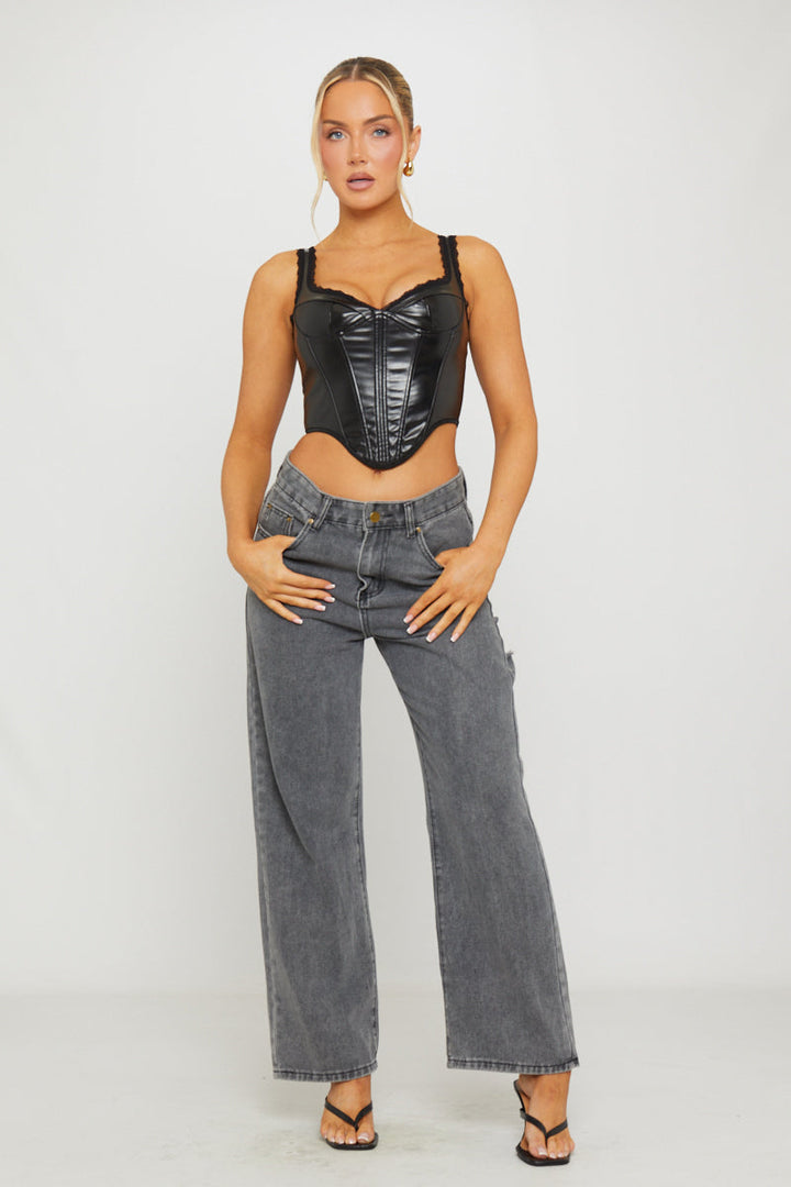 Valantomode | Chic Black Faux Leather Dipped Corset Bustier Top