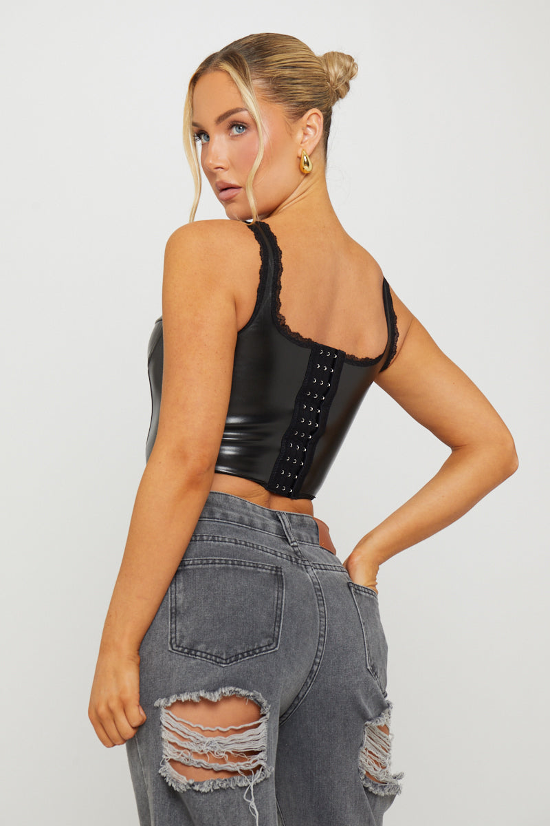 Valantomode | Chic Black Faux Leather Dipped Corset Bustier Top