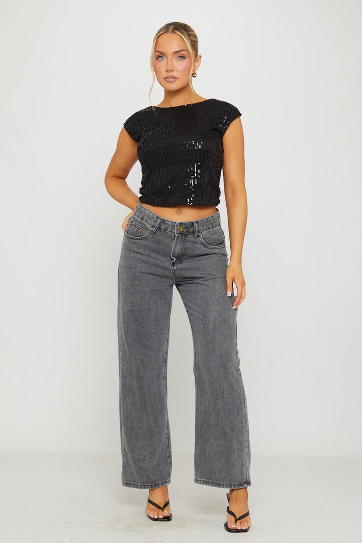 Valantomode | Backless Black Sequin Crop Top with Cap Sleeves