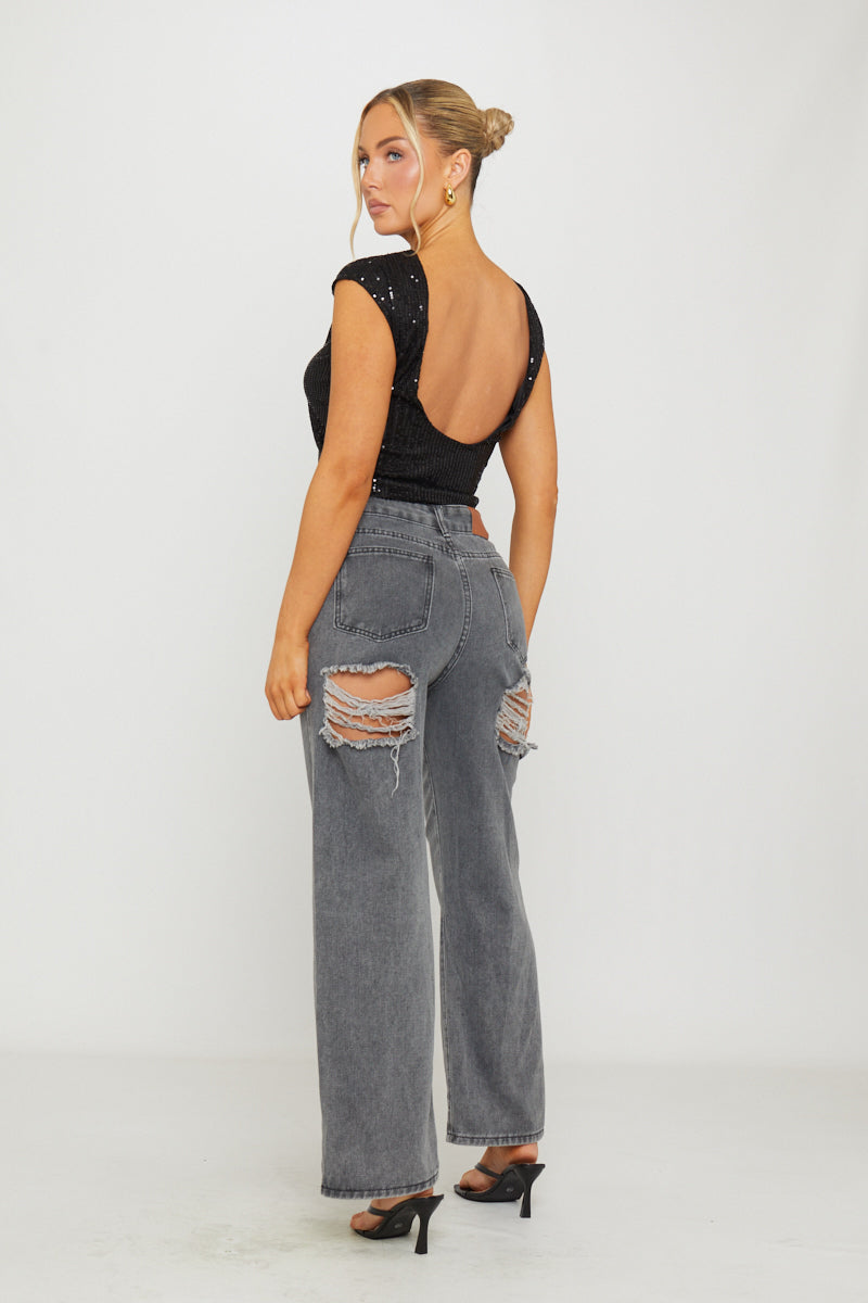 Valantomode | Backless Black Sequin Crop Top with Cap Sleeves