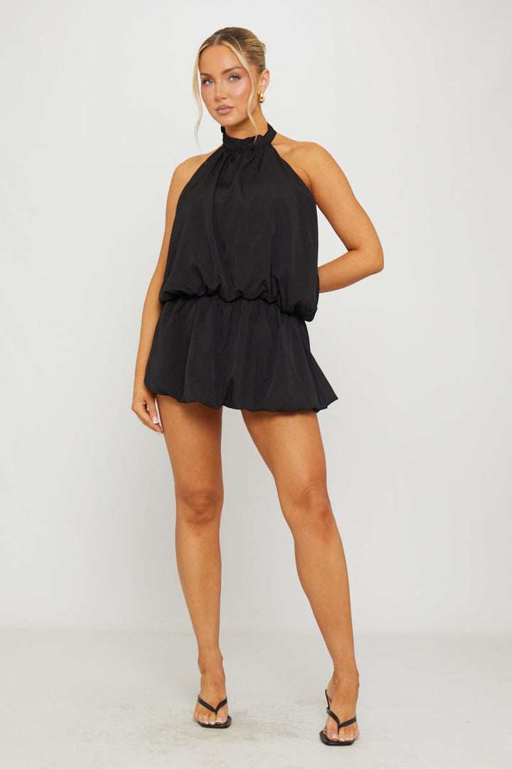 Valantomode | Chic Black Puff Ball Mini Dress with Open Back Design