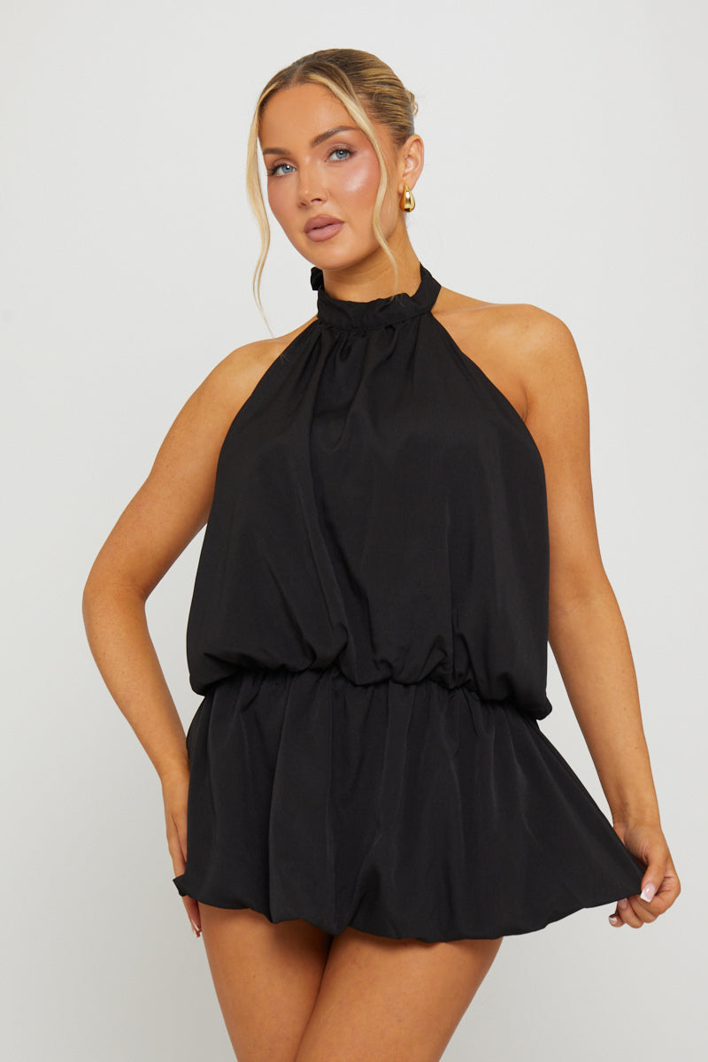 Valantomode | Chic Black Puff Ball Mini Dress with Open Back Design