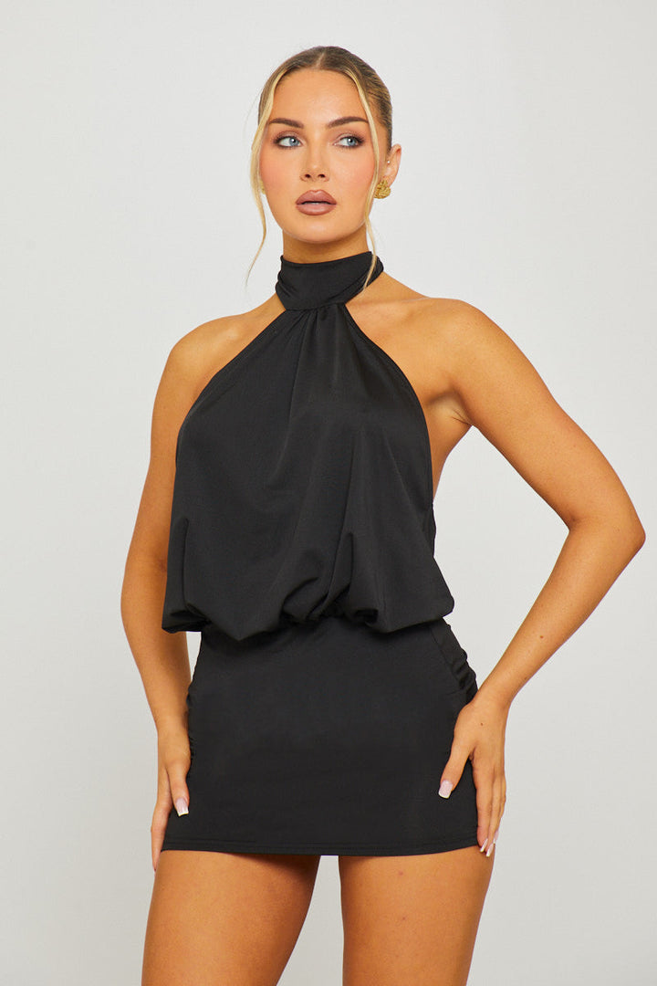 Valantomode | Chic Black Halter Mini Dress with Open Back Design
