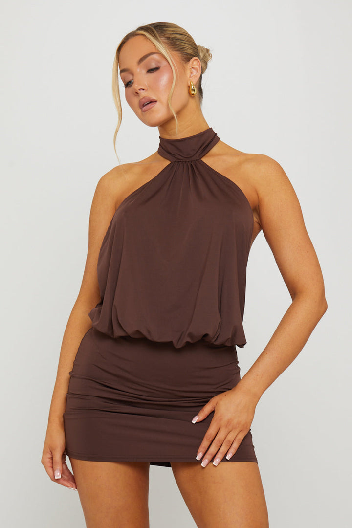 Valantomode | Chic Brown Halter Mini Dress with Open Back Design