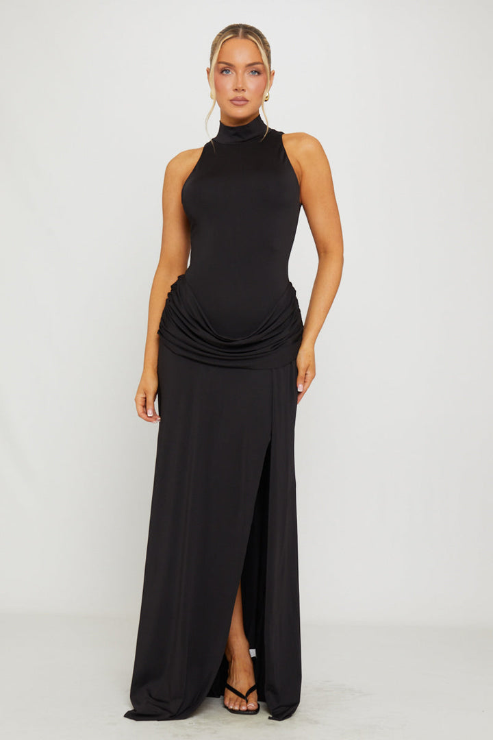 Valantomode | Elegant Black High Neck Maxi Dress with Thigh Split