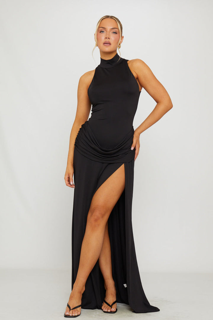 Valantomode | Elegant Black High Neck Maxi Dress with Thigh Split