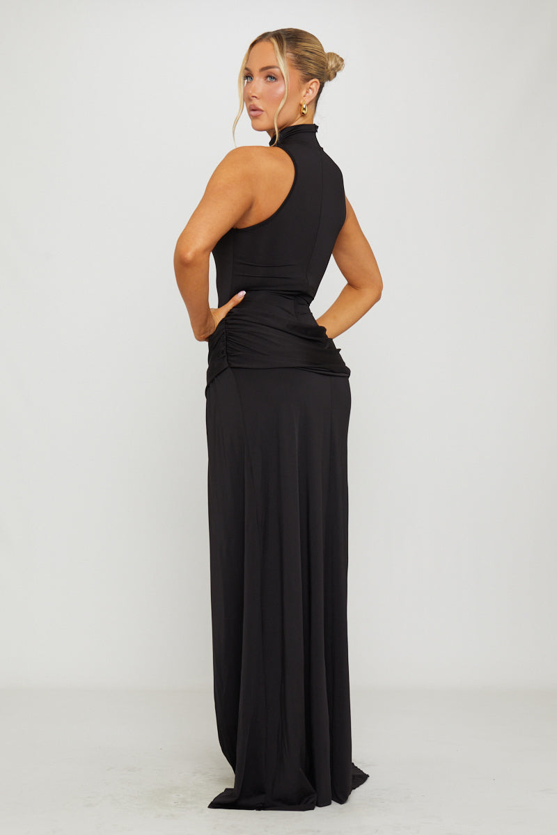 Valantomode | Elegant Black High Neck Maxi Dress with Thigh Split