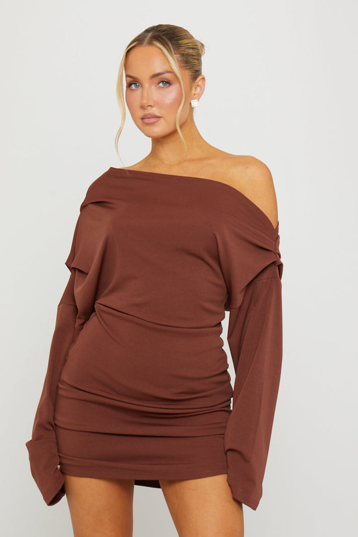 Valantomode | Chic Brown One Shoulder Mini Dress with Draped Sleeve