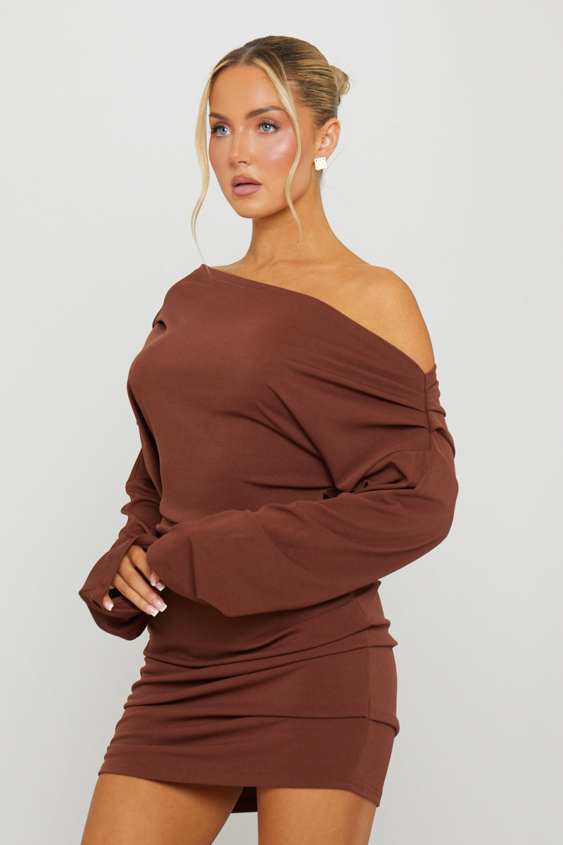 Valantomode | Chic Brown One Shoulder Mini Dress with Draped Sleeve