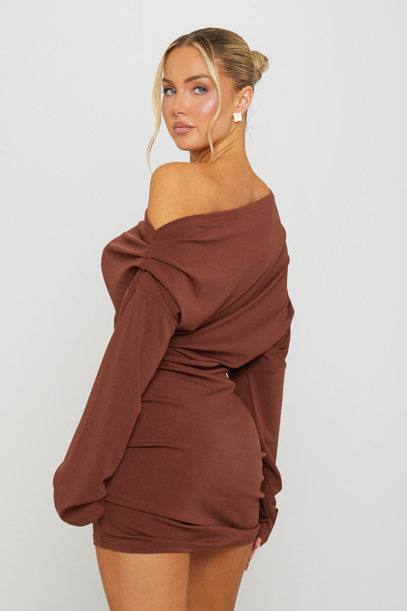 Valantomode | Chic Brown One Shoulder Mini Dress with Draped Sleeve
