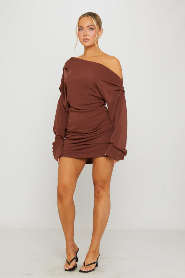 Valantomode | Chic Brown One Shoulder Mini Dress with Draped Sleeve