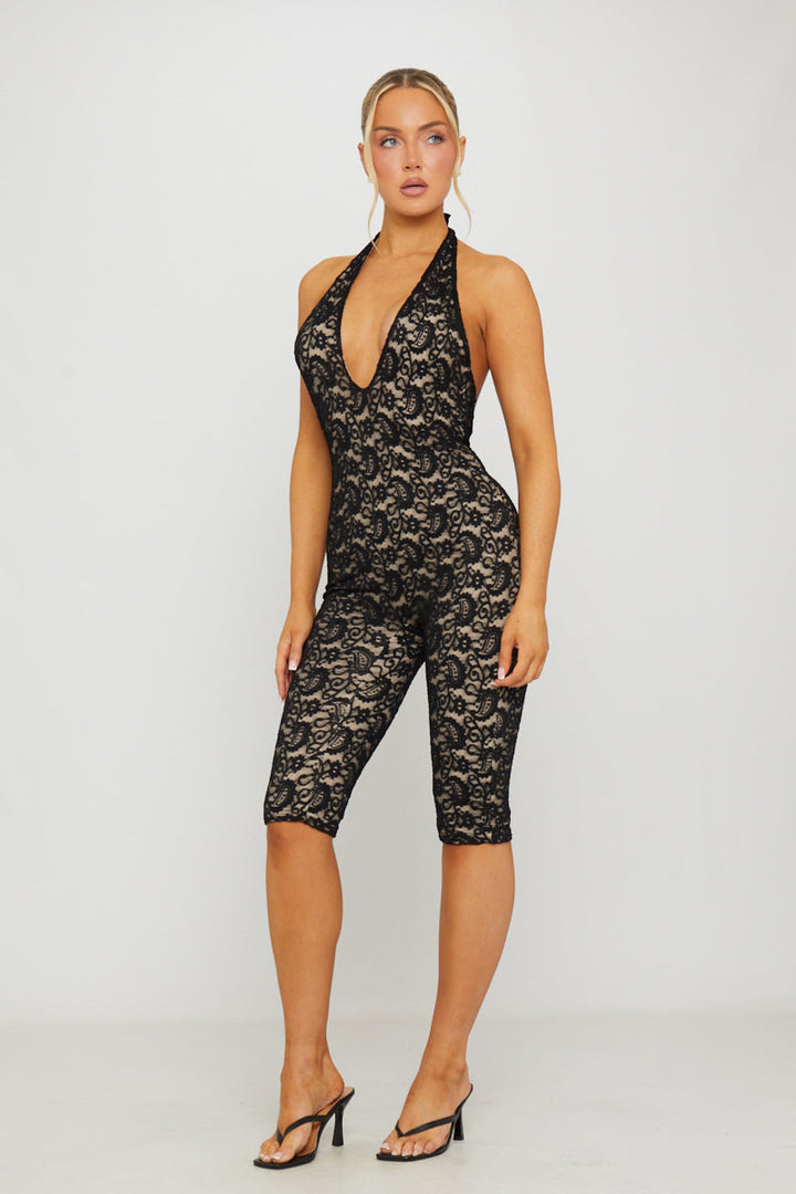 Valantomode | Elegant Black Lace Plunge Back Capri Jumpsuit
