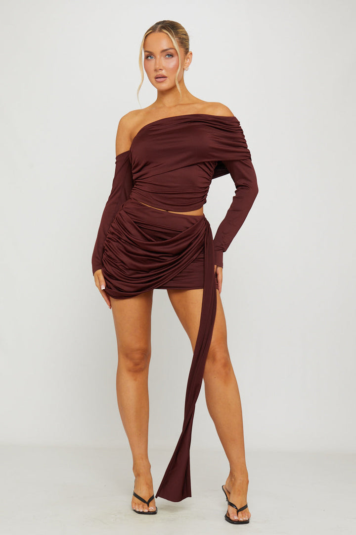 Valantomode | Chic Brown One Shoulder Top & Draped Mini Skirt Set