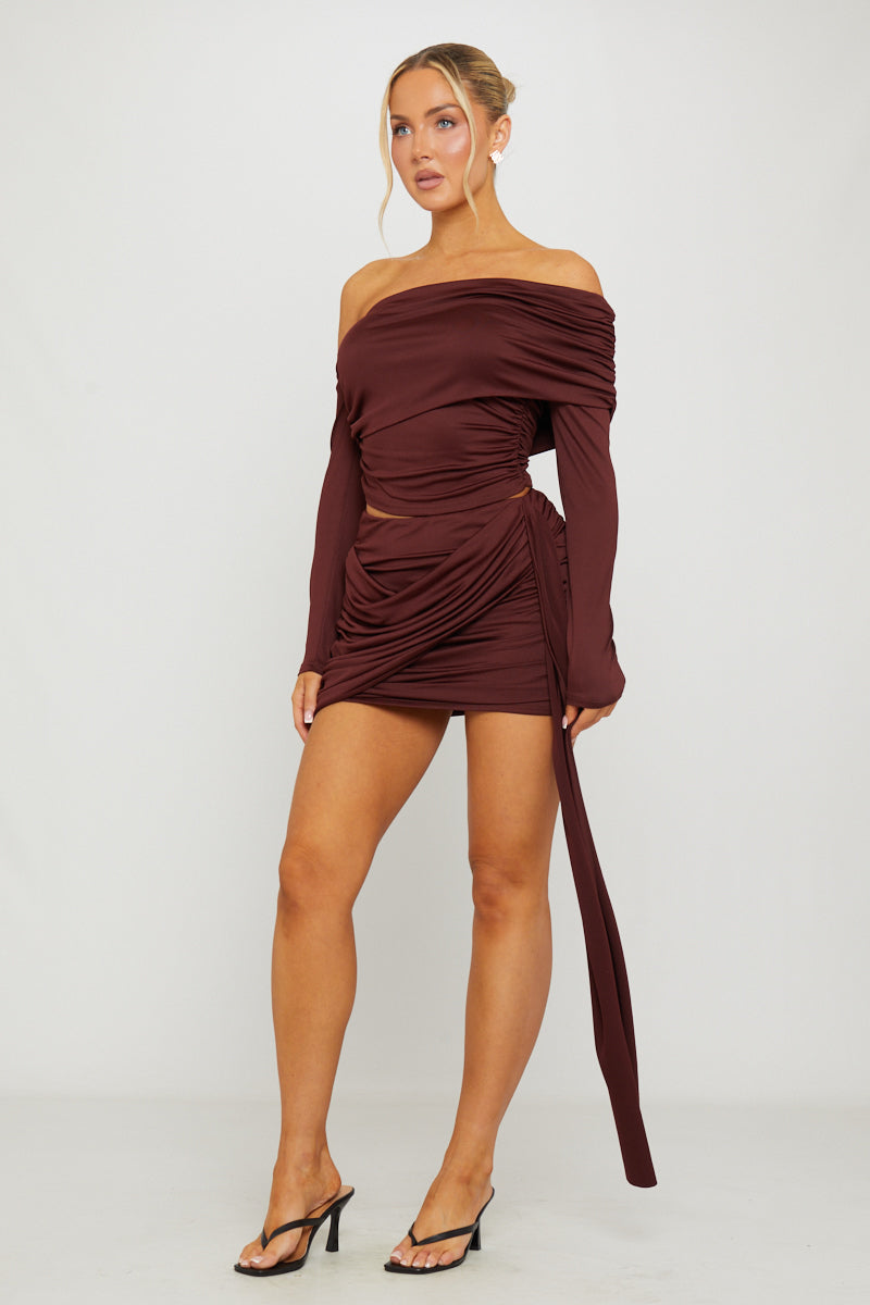 Valantomode | Chic Brown One Shoulder Top & Draped Mini Skirt Set