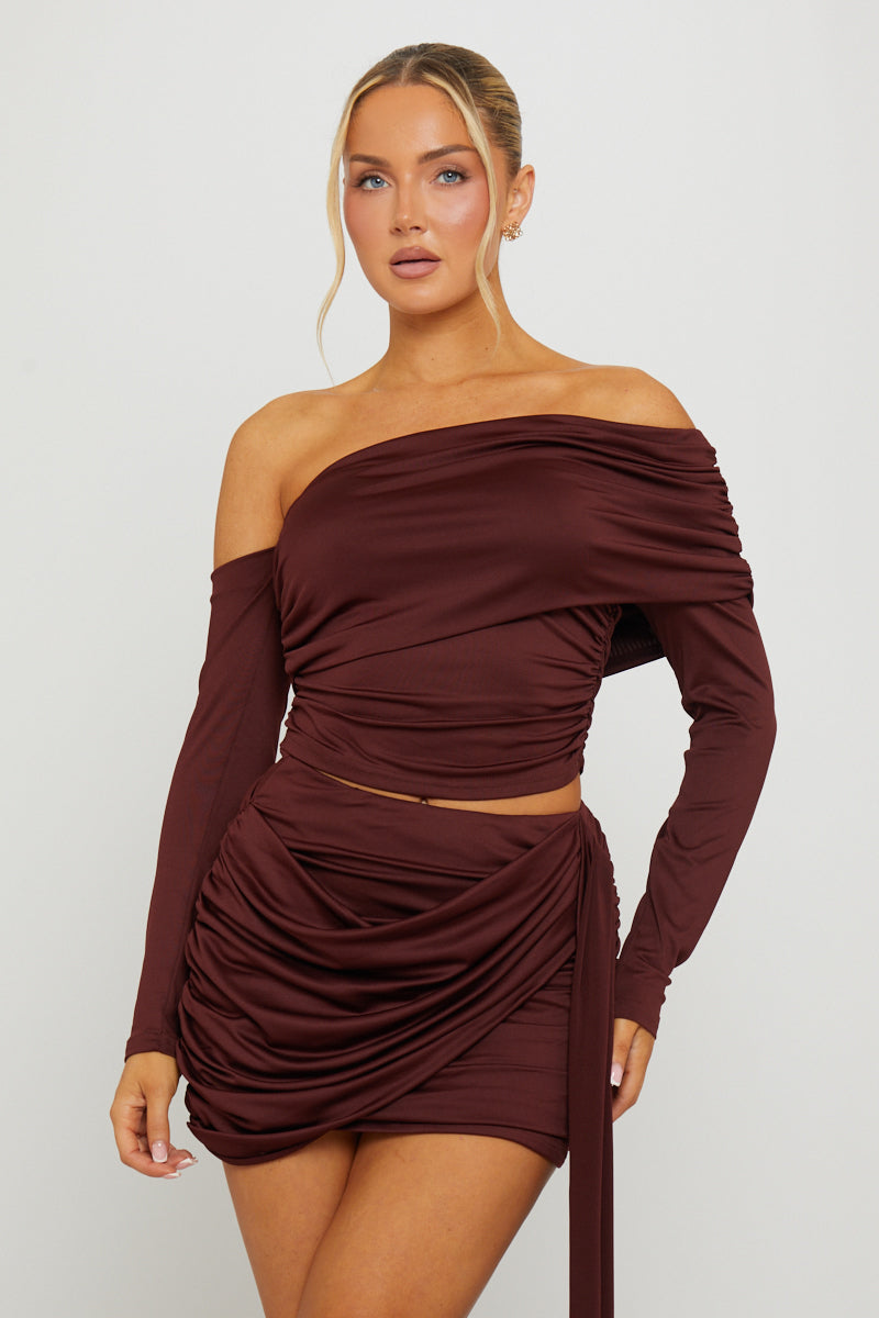 Valantomode | Chic Brown One Shoulder Top & Draped Mini Skirt Set