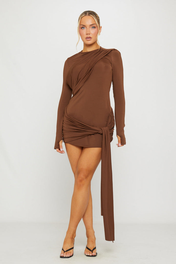 Valantomode | Chic Brown Bodycon Mini Dress with Draped Long Sleeves
