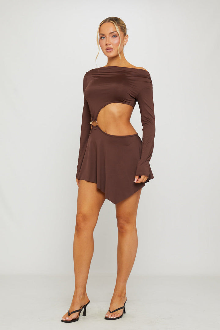 Valantomode | Chic Brown Asymmetric Cut-Out Mini Dress