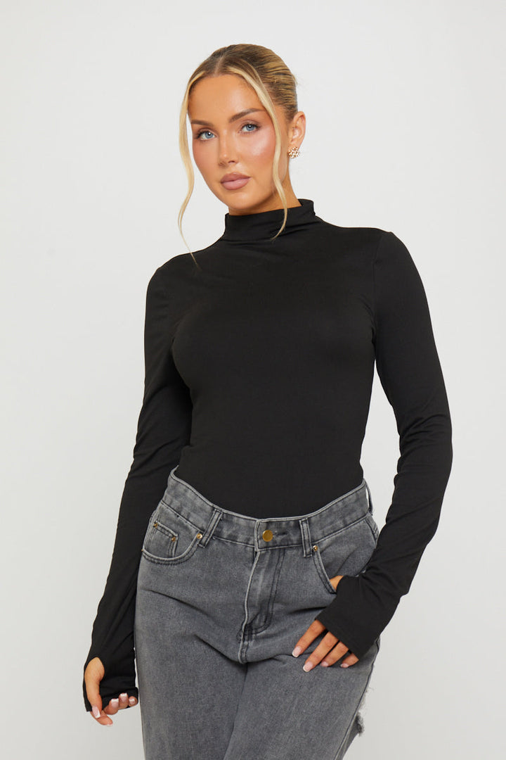 Valantomode | Chic Black High Neck Long Sleeve Top for Effortless Style