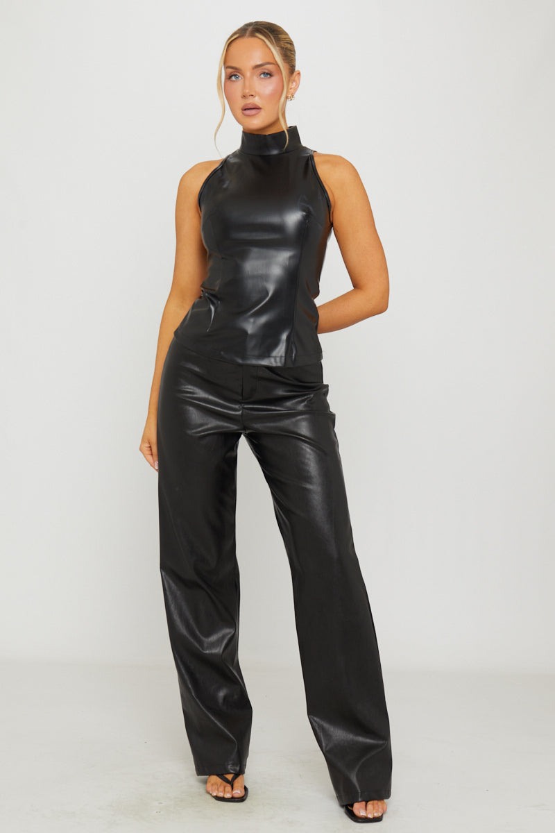 Valantomode | Chic Black High Neck Sleeveless Faux Leather Top