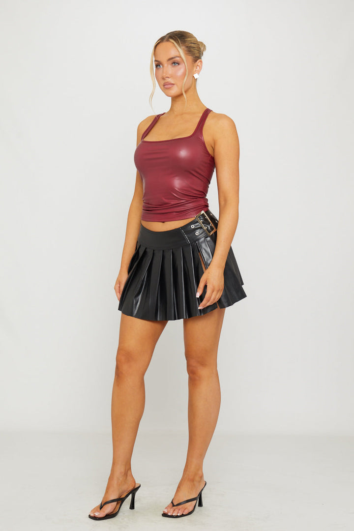 Valantomode | Chic Black Faux Leather Pleated Mini Skirt with Buckle Detail