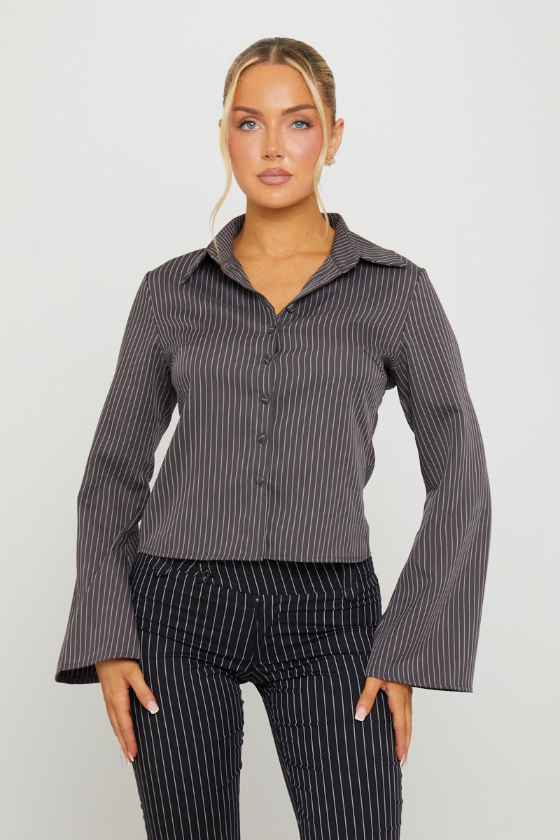 Valantomode | Stylish Dark Grey Pinstripe Long Sleeve Shirt for Men