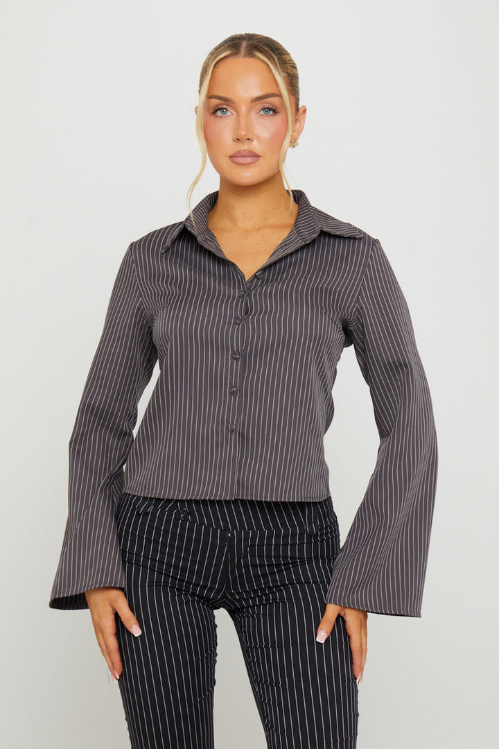 Valantomode | Stylish Dark Grey Pinstripe Long Sleeve Shirt for Men