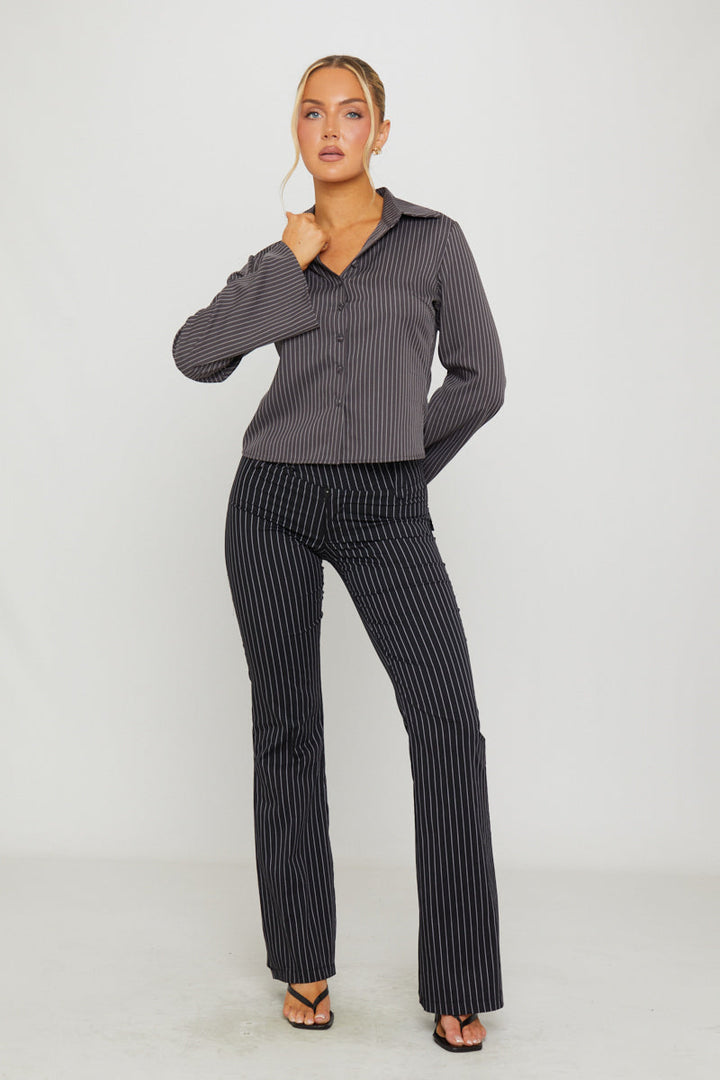 Valantomode | Stylish Dark Grey Pinstripe Long Sleeve Shirt for Men
