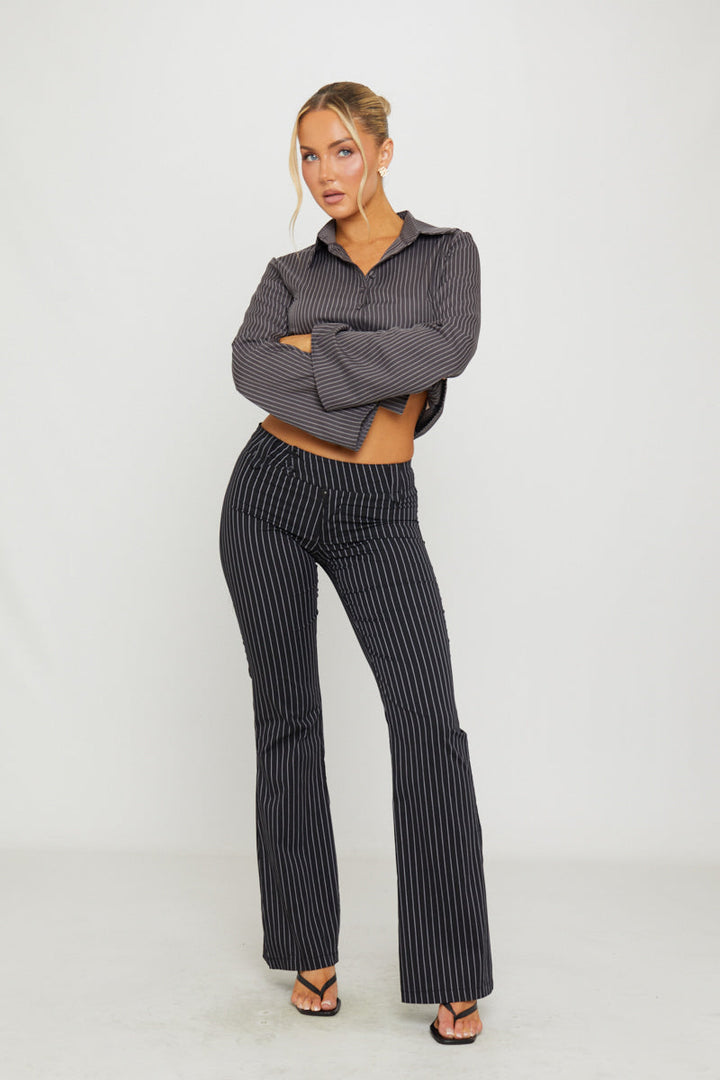 Valantomode | Chic Black Pinstripe Flare Trousers for Effortless Style