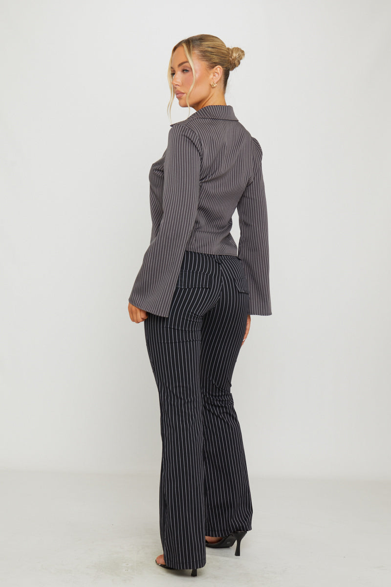 Valantomode | Chic Black Pinstripe Flare Trousers for Effortless Style