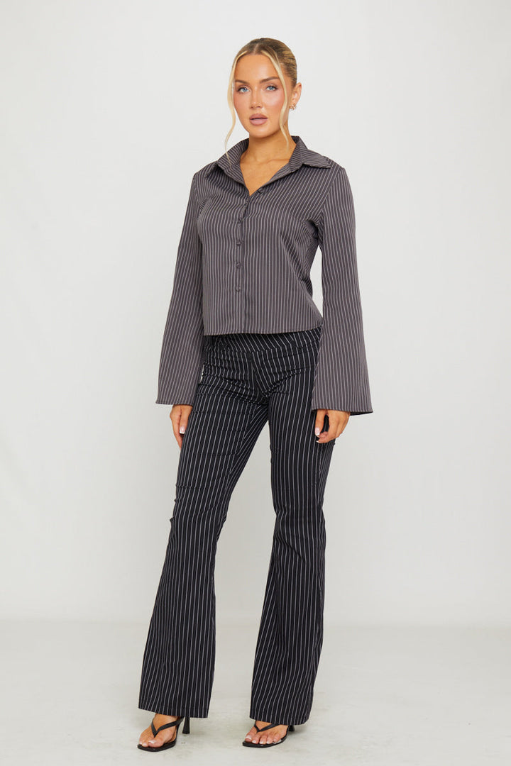 Valantomode | Chic Black Pinstripe Flare Trousers for Effortless Style