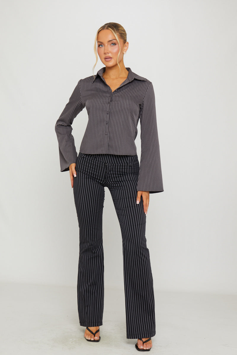 Valantomode | Chic Black Pinstripe Flare Trousers for Effortless Style
