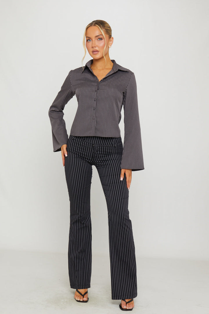 Valantomode | Chic Black Pinstripe Flare Trousers for Effortless Style