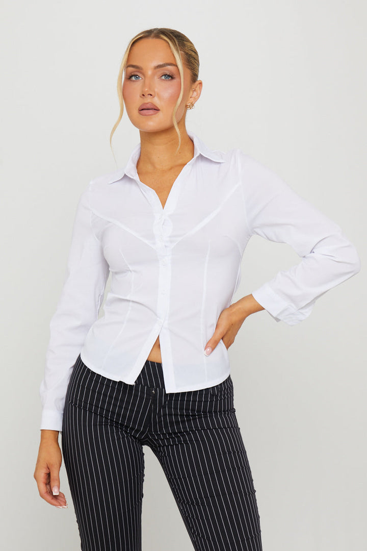 Valantomode | Chic White Long Sleeve Button-Up with Cinched Waist
